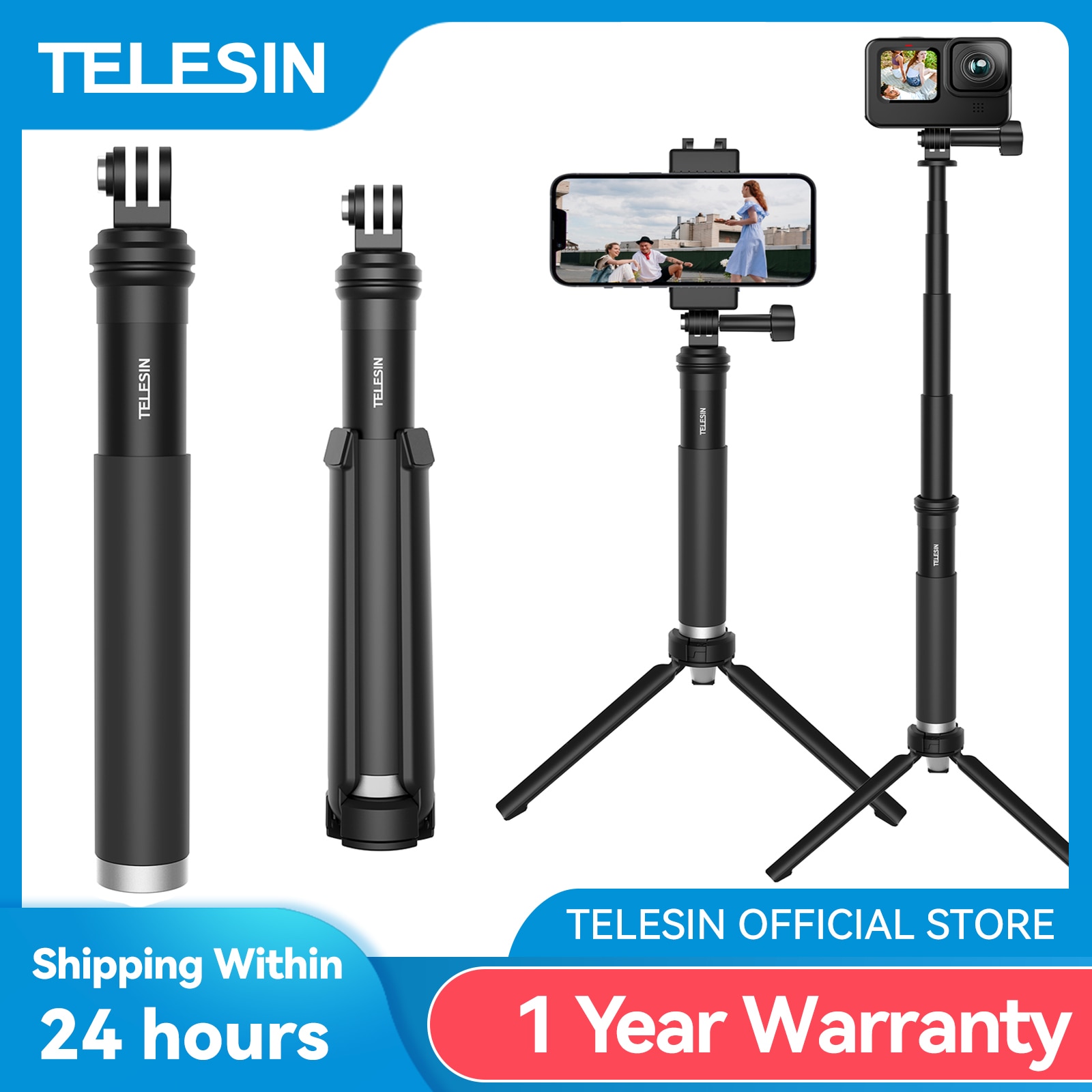 Telesin cho GoPro Selfie Stick Chân máy ảnh có thể gập lại giá để điện thoại Hợp kim nhôm Monopod cho DJI hành động insta360 điện thoại thông minh