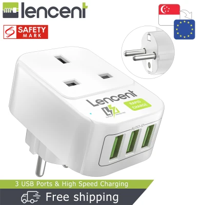 LENCENT Singapore to Europe Plug Adapter with 3 USB Ports Grounded European Travel Adapter with 3 USB Ports for Spain Germany France Portugal Greece Russia Netherlands Turkey and more (Type E/F) Multi Plug