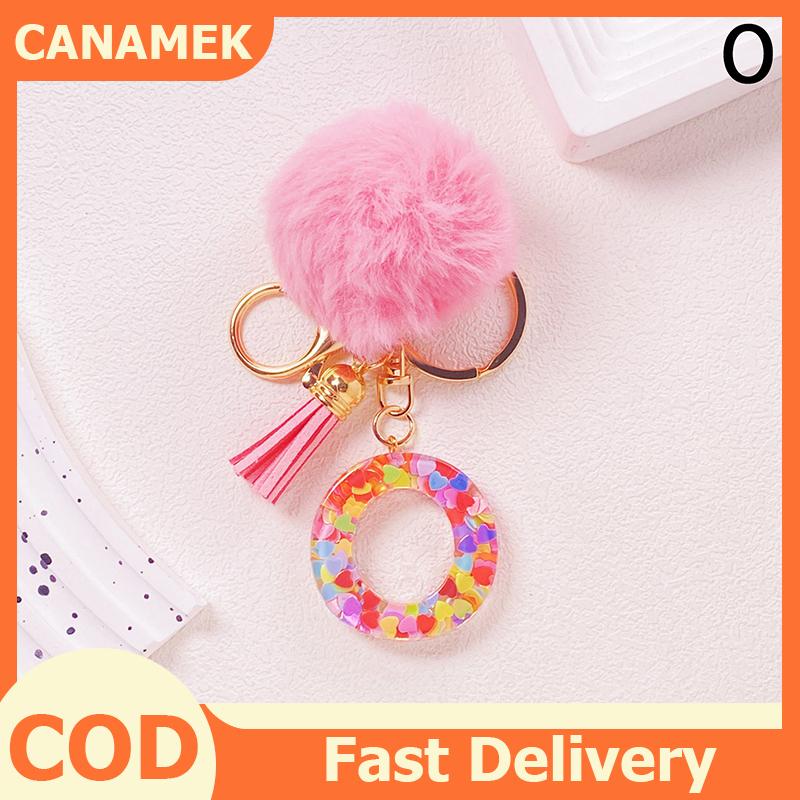 CANAMEK Đáng Yêu Long Lanh Ban Đầu Keychain Lấp Lánh Nhựa Bảng Chữ Cái Mặt Dây Chuyền Với Fluffy Thư Quyến Rũ Cho Cô Gái Túi Ba Lô Phụ Kiện
