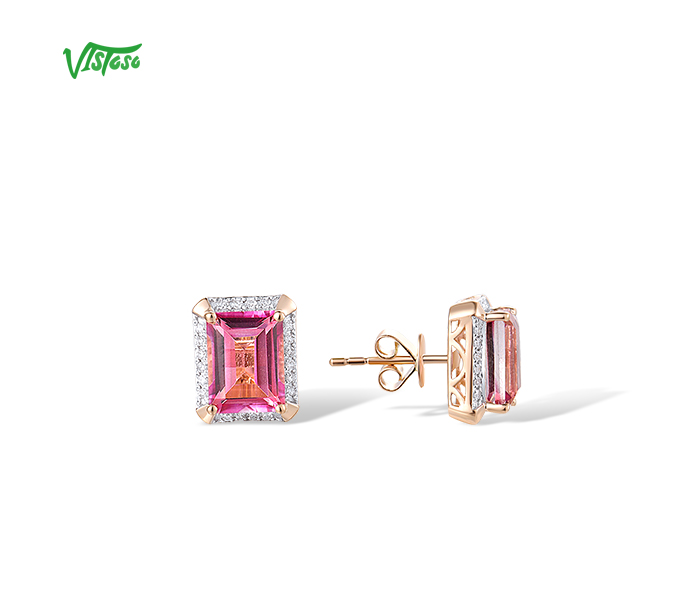 [NVDM] VISTOSO Pure 14K 585 Rose Solitaire Stud Earrings For Women Sparkling Diamond Pink Topaz Elegant Rectangle Fine Wedding Jewelry ☆