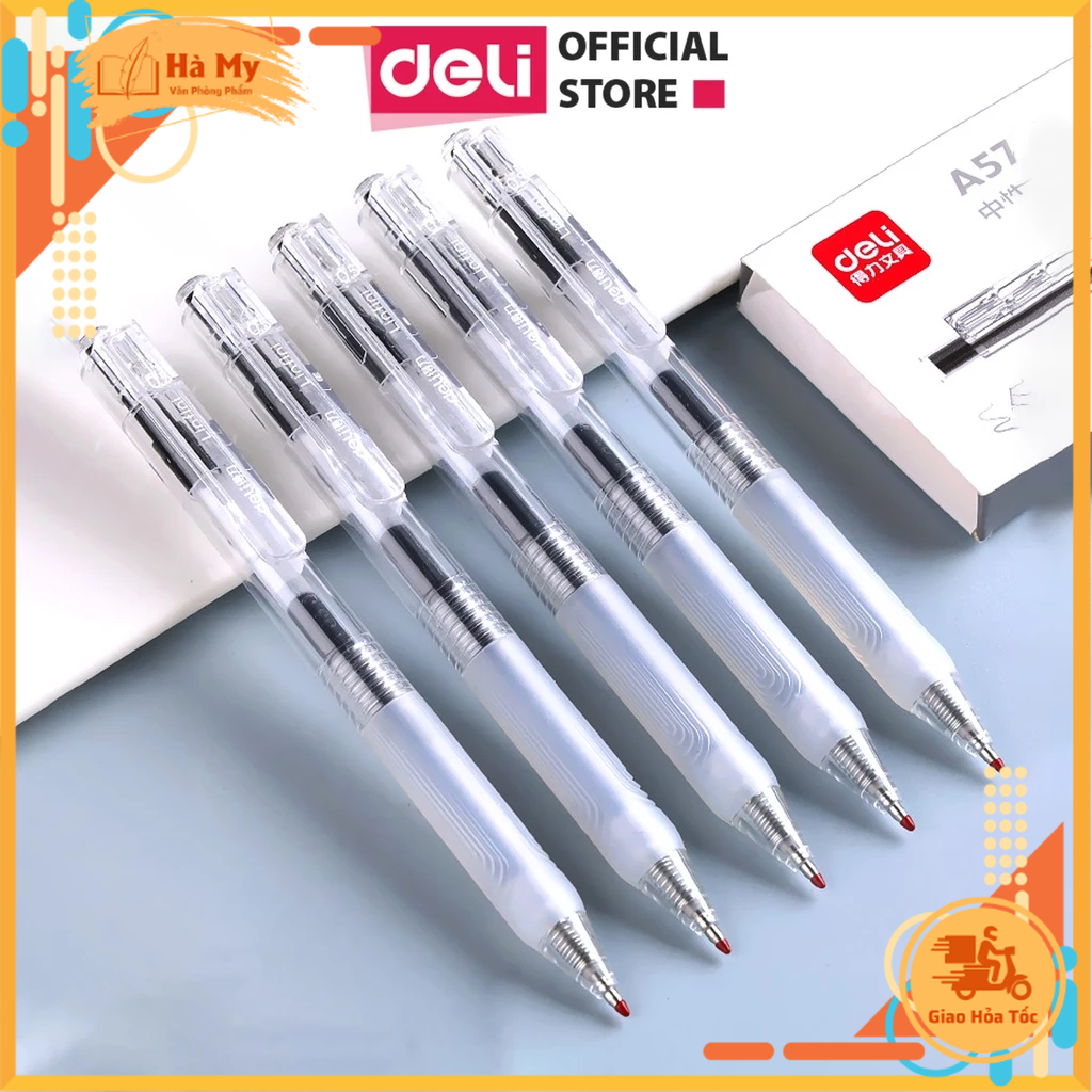 Bút Bi Nước Bút Gel Mực Bấm Deli A575 Mực Xanh/Đen Trơn Tru Ngòi 0.5mm