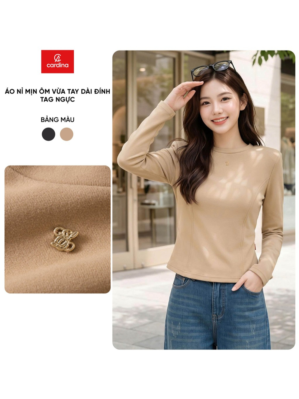 Áo nỉ nữ CARDINA dài tay chất liệu nỉ mịn dáng ôm vừa dài tay đính tag ngực 6ANF01