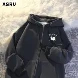 ASRV Áo khoác hoodie dáng rộng, khóa kéo, in hình mèo dễ thương, lót nhung ấm áp, phong cách thời trang thu cho nam và nữ