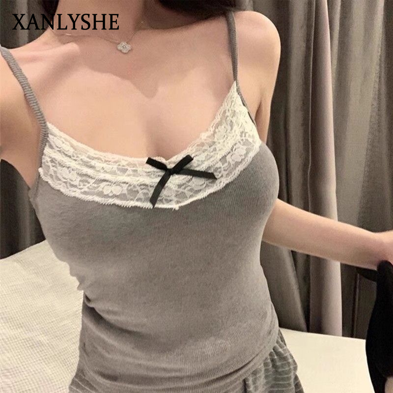 XANLYSHE เสื้อกล้ามสายเดี่ยวลายลูกไม้เก๋ไก๋แนววินเทจสำหรับผู้หญิงเสื้อแขนกุดใส่ด้านนอกแบบสั้นเข้ารูปไม่ซ้ำใครสำหรับฤดูร้อน ราคา 62 บาท*ส่งฟรี