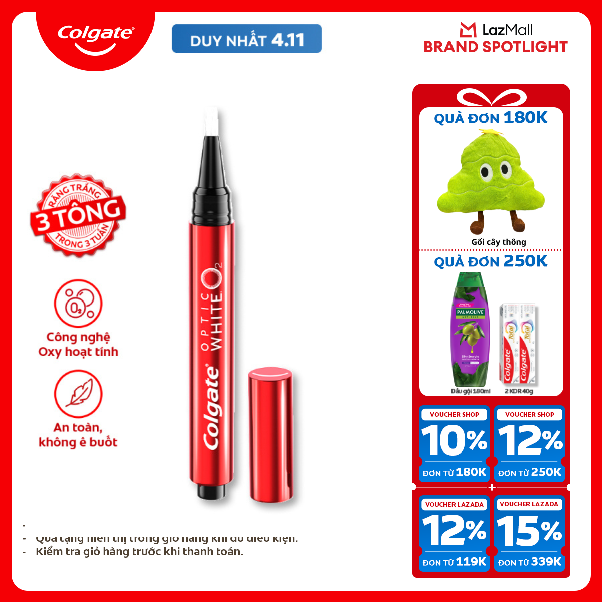 [Chỉ 4.11_X2 Voucher giảm đến 27%] Bút làm trắng răng Colgate Optic White O2 2,5ML
