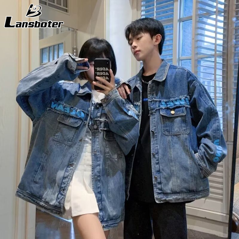 Áo khoác có thể giặt phong cách retro Túi Burr Áo khoác denim rộng cho cặp đôi