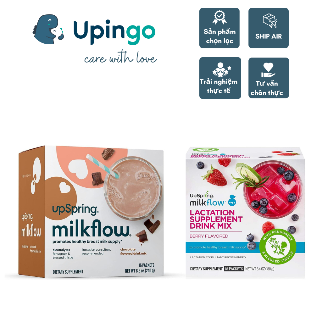 Lợi sữa Upspring vị socola mix - Milkflow Fenugreek + Blessed Thistle Berry Breastfeeding