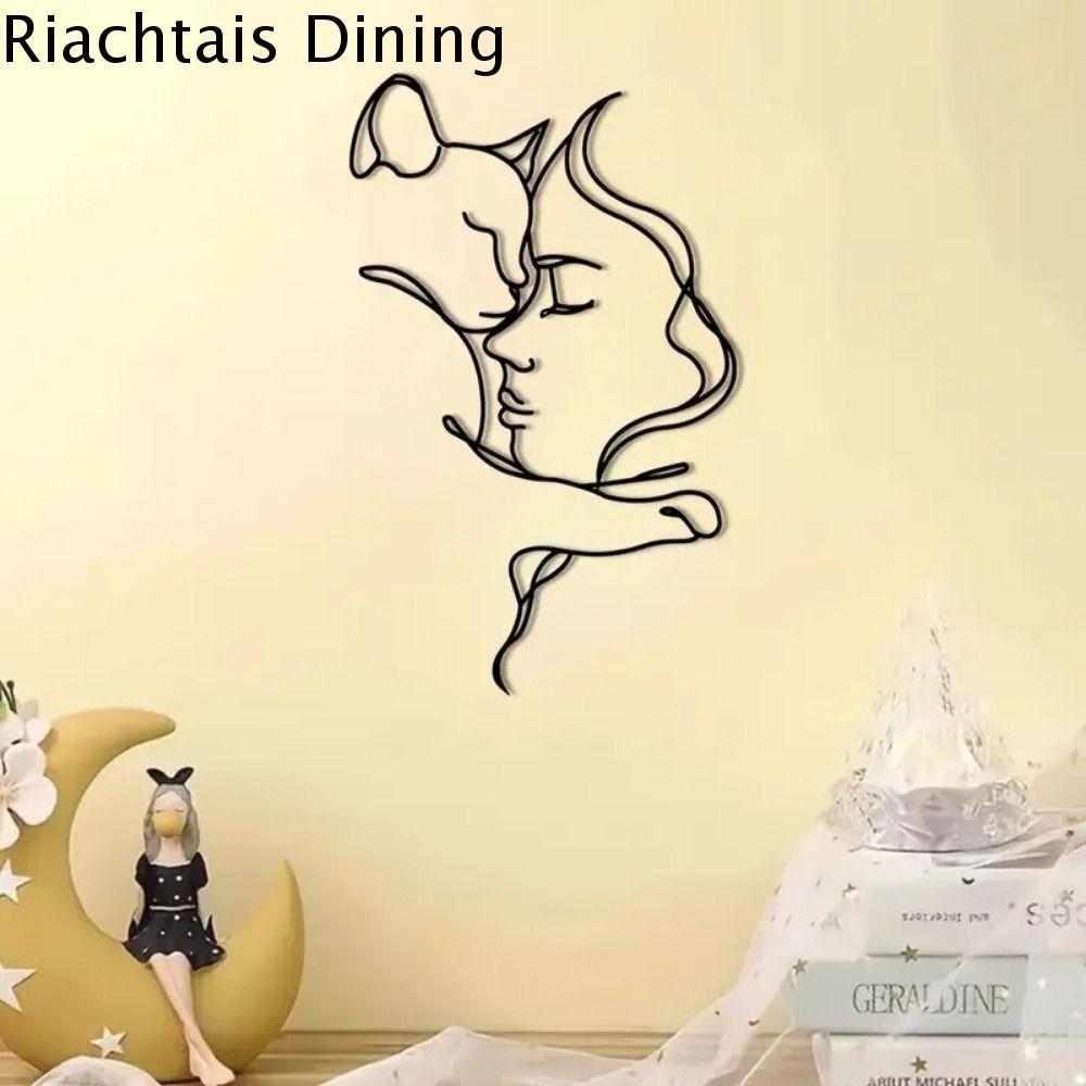 RIACHTAIS Treo tường dây chuyền mèo và phụ nữ Đơn giản Nghệ thuật sắt Bóng người yêu mèo đen Sáng Tạo Tối giản Tượng điêu khắc nhân vật tối giản Trang trí nhà cửa
