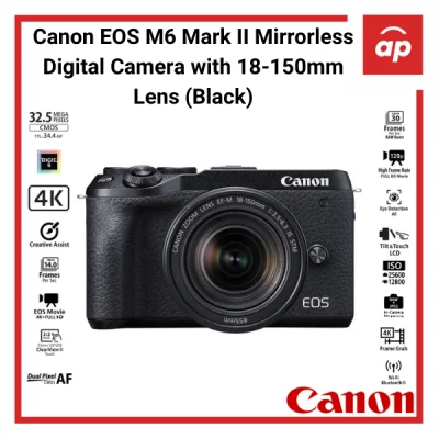 (12 + 3months Warranty) Canon EOS M6 Mark II Mirrorless Digital Camera with 18-150mm Lens (Black / Silver) + Freegifts