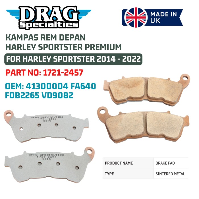 DRAG PREMIUM METAL BRAKE PADS HARLEY XL FRONT 1721-2457 OEM 41300004 - DIVHARA SHOP Harga  1,378,000 Ringgit*Penghantaran Percuma