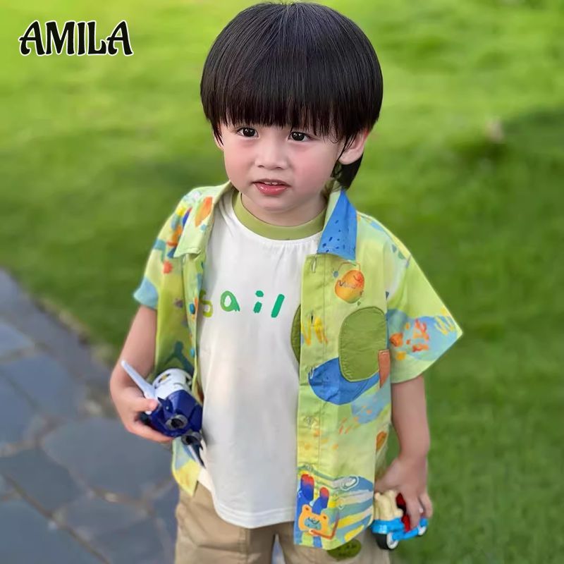 AMILA Boy's Short-Sleeved Shirt, Summer Children's Cartoon Printed Short-Sleeved Shirt, Children's Splash Festival Printed Shirt ราคา 143 บาท*ส่งฟรี