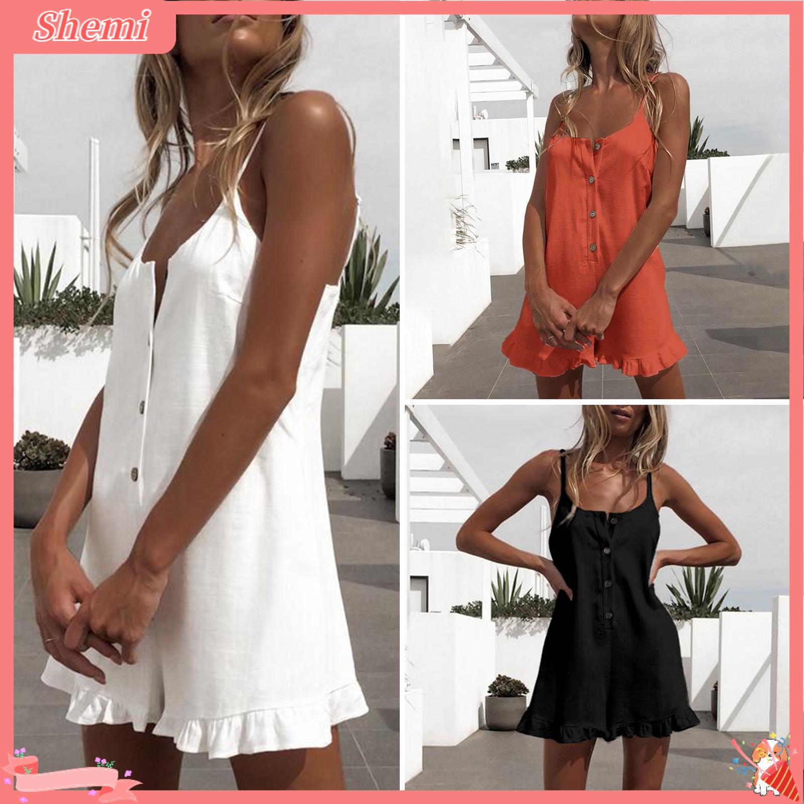 Shemi cổ thấp nút nửa Placket Quần Legging rộng Ruffle HEM áo liền quần mùa hè phụ nữ dây quai màu trơn Playsuit quần short Jumpsuit rộng
