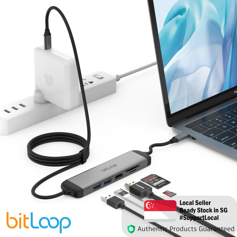 BitLoop USB C 5 Port Hub HDMI 4K port, Two USB 3.0 ports, SD/MicroSD card reader 1.8m Attached Fixed Cable Length With Charging Cable for MacOS, Windows, Android, iOS
