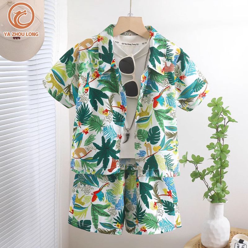 YA ZHOU LONG Boy's Shirt Suit Hawaiian Shirt Beachwear Thin Short-Sleeved Shorts Cool and Breathable ราคา 124 บาท*ส่งฟรี