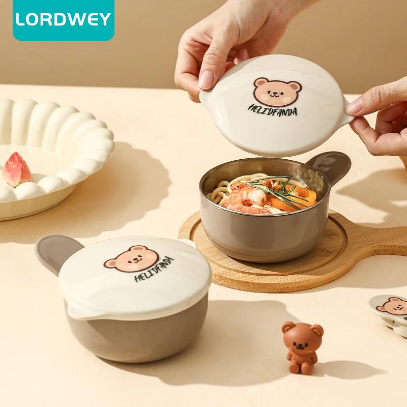 LORDWEY Children's Bowl 304 Stainless Steel Fruit Salad Bowl Anti Scalding Mini Soup Bowl With Lid Kitchen Kid Tableware Set ราคา 180 บาท*ส่งฟรี