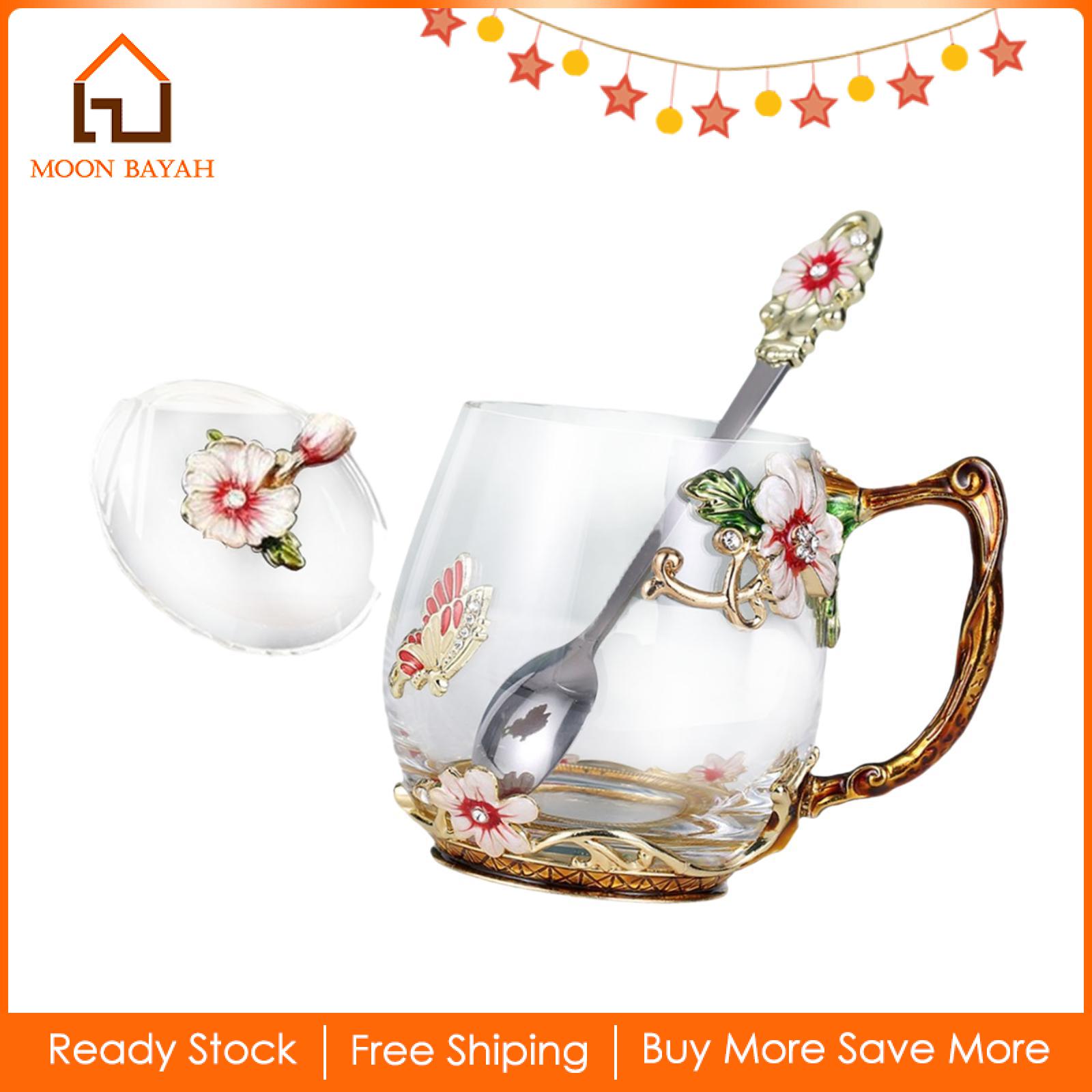 Moon BAYAH Enamel Tea Cup Glass Cup Teacup Coffee Mug Milk Mug with Handles with Spoon for Graduation Mothers Day Girls Valentines Gifts ราคา 449 บาท*ส่งฟรี