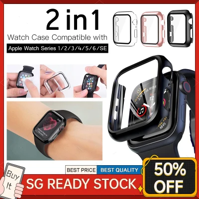 Case+Tempered Glass Compatible With Apple Watch 38mm 40mm 42mm 44mm Cover Tempered Glass Film Screen Protector Bumper Frame for iWatch Series SE 6/5/4/3/2/1