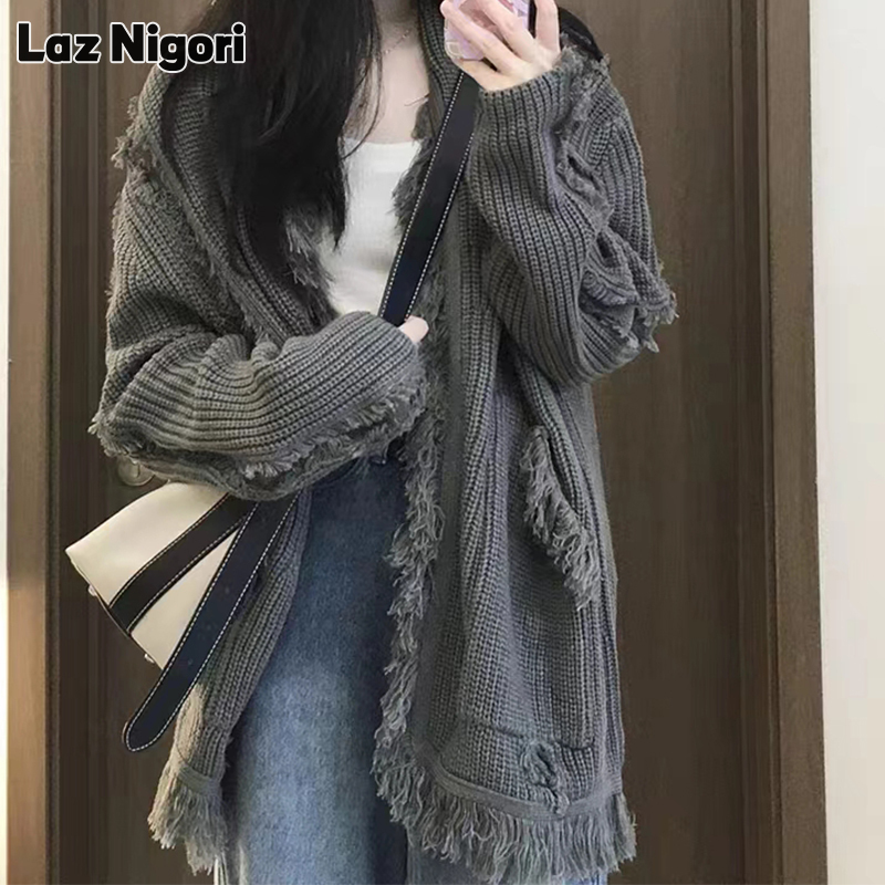 Laz Nigori Áo khoác cardigan Áo len dệt xám dáng rộng dễ phối dáng rộng phong cách Hàn Quốc áo thường ngày bằng sáp mềm