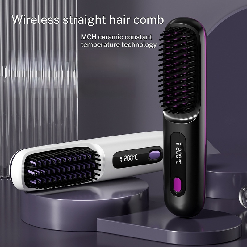Lược Chải Tóc Thẳng Không Dây LCD Hiển Thị USB Sạc Sưởi Ấm Gốm Lược Điện Máy Duỗi Tóc Tiện Dụng Nhiệt Độ Không Đổi Thông Minh