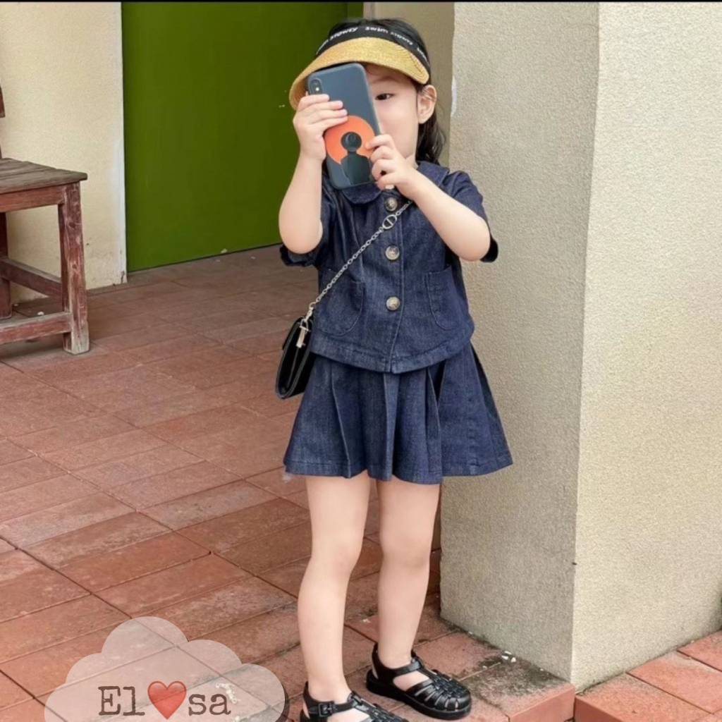 Quần áo bé gái- Set Áo Bò kèm Chân Váy Xếp Ly Siêu XInh Cho Bé 1-8 Tuổi