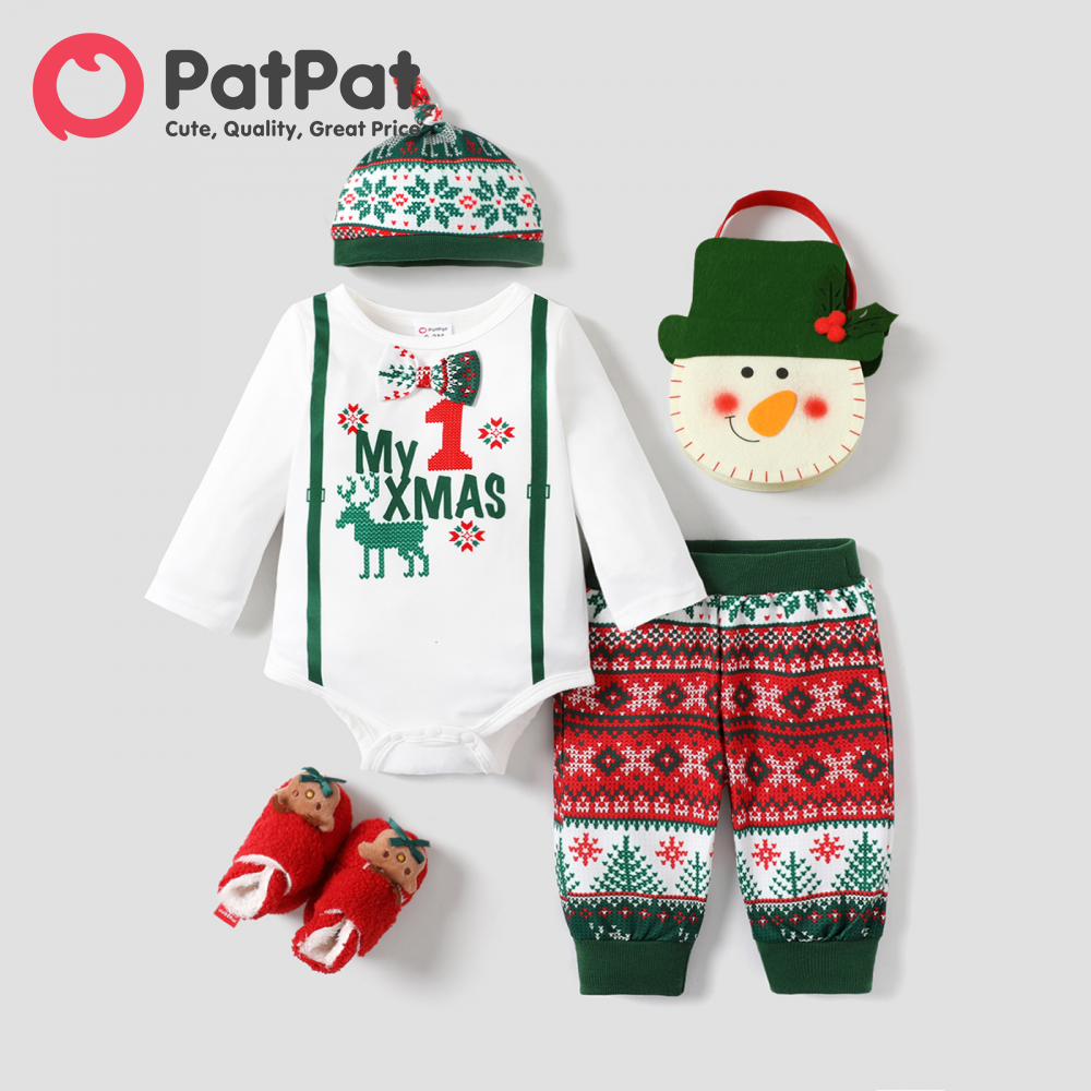 PatPat 3PCS Baby Boy Secret Button Christmas Bohemia Jumpsuit Pant Hat Set