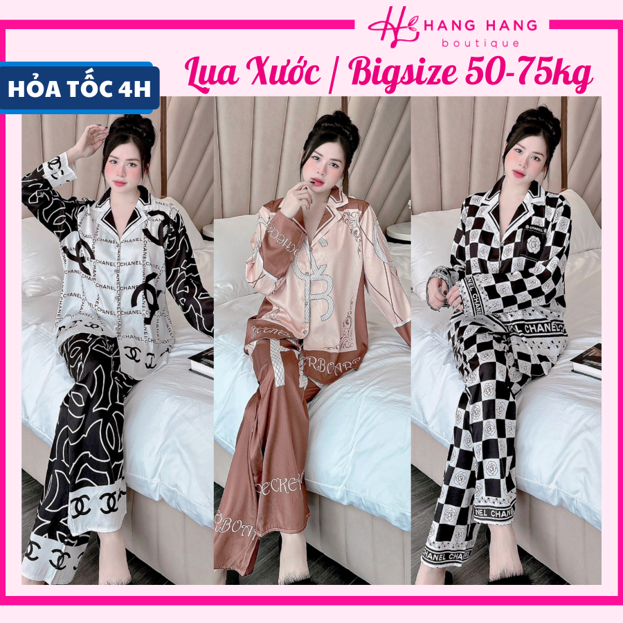 Bộ đồ ngủ bigsize 50-75kg, đồ bộ nữ pijama dài tay dài 5 nút lụa xước bigsize