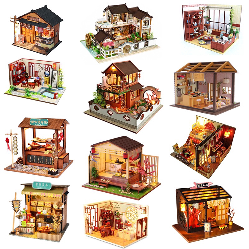 Mô hình nhà gỗ búp bê Tự, Bộ đồ chơi búp bê thu nhỏ với nội thất