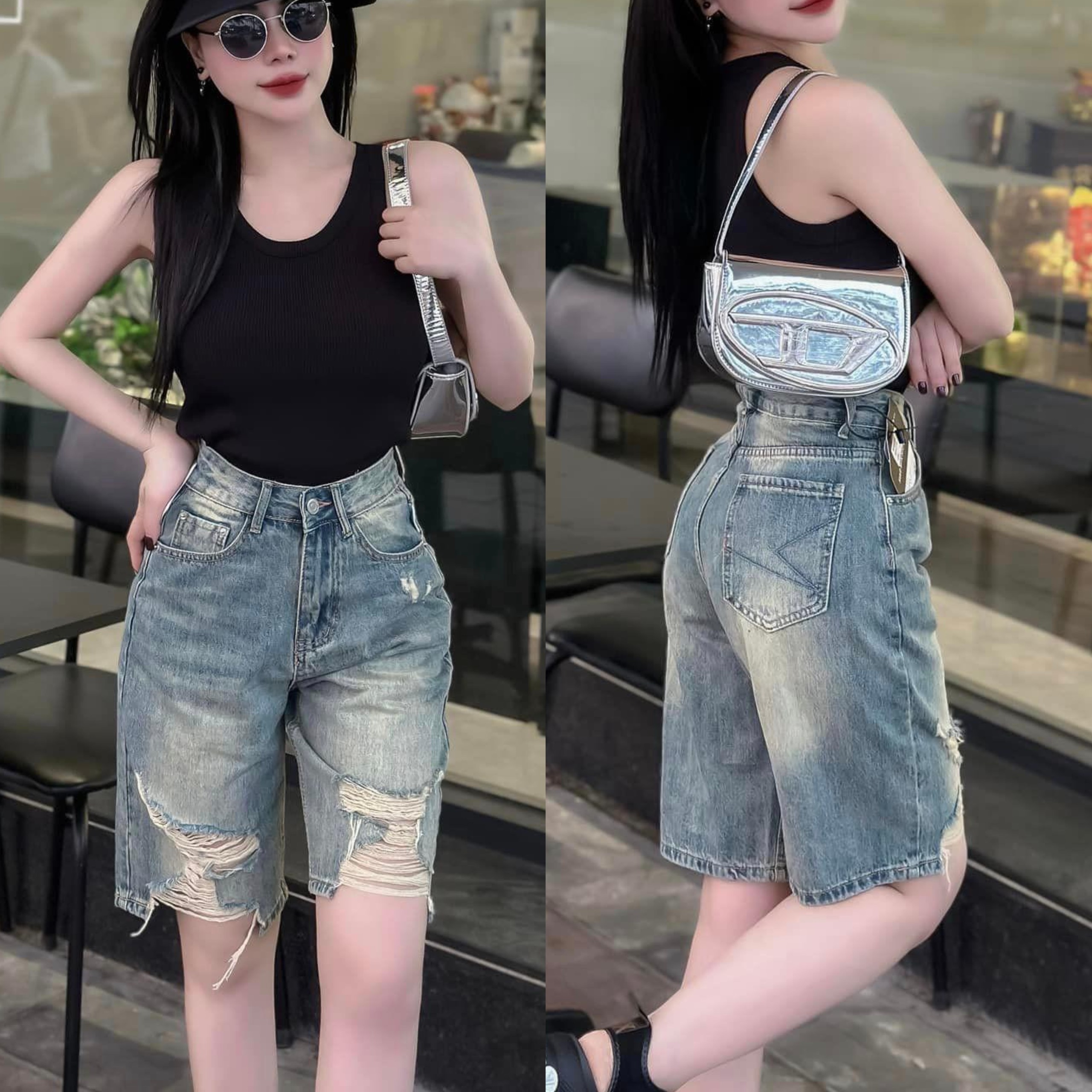 Quần Jeans Short Ngố Nữ Phom Ống Rộng Dáng Lửng Lưng Cao Thời Trang Bigsize 55-90kg 0095 0096 MoLi jean Pants Denim