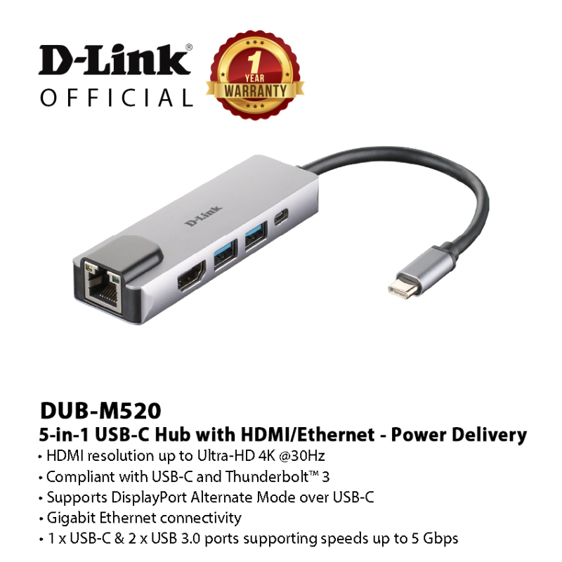 D-Link DUB-M520 (5-in-1) USB-C Hub with HDMI/Ethernet and Power Delivery