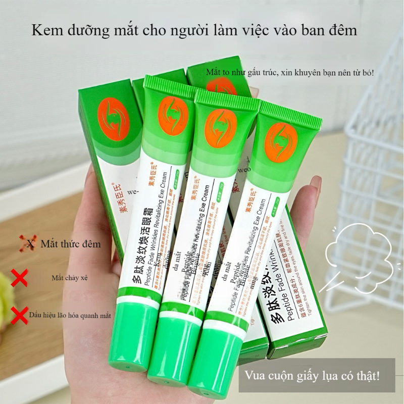 Peptide wrinkle lightening and revitalizing eye cream reduces dark circles, eye bags, eye lines, small green tubes, and peptides