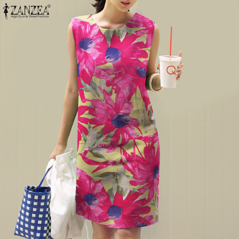 Momonaco ZANZEA Đầm nữ in hoa cổ điển váy ngắn cotton linen không tay O-cổ Đầm #7