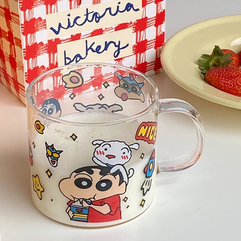 Crayon Shin-chan Glass Cup Single layer with Style and Cartoon Handle Heat Resistant Perfect for Drinking Water Milk for Friend Gift ราคา 8 บาท*ส่งฟรี