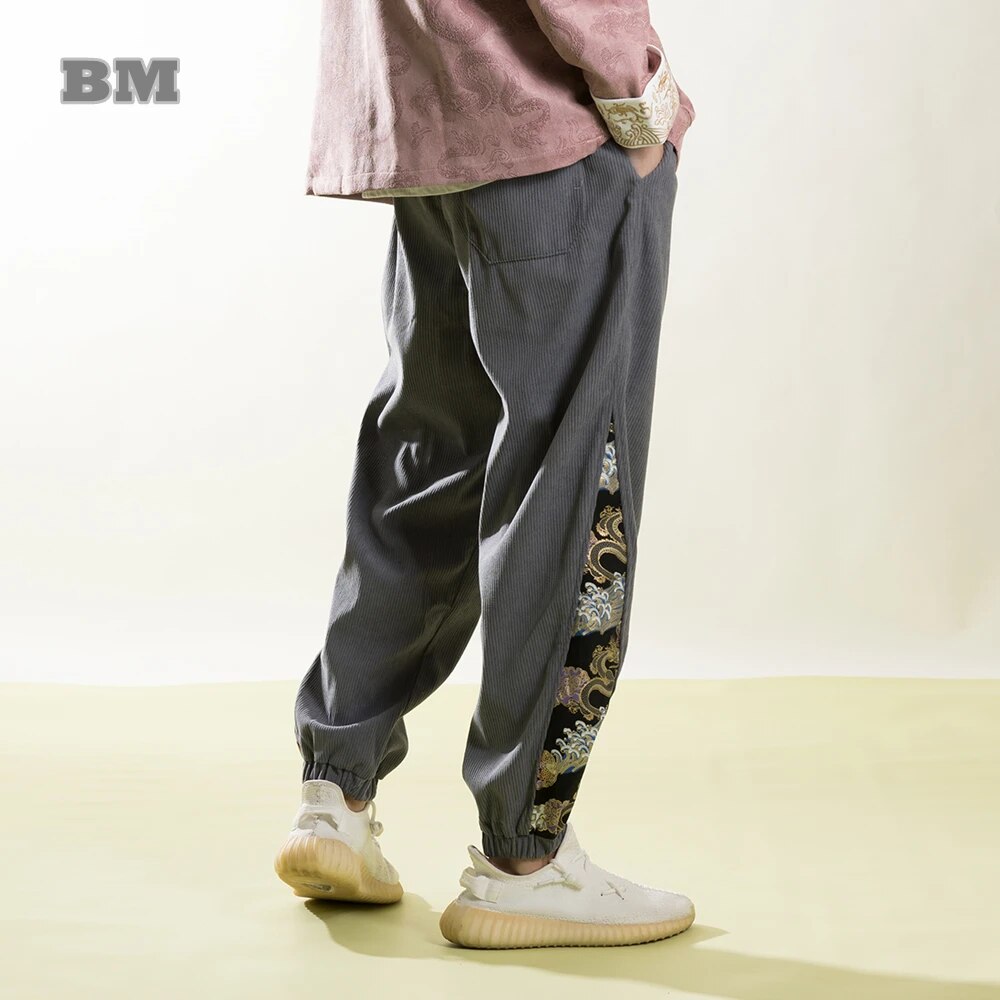 Chinese Style Patchwork Corduroy Casual Pants Men Clothing Vintage Plus Size Joggers Tai Chi Kung Fu Baggy Sweatpants Male