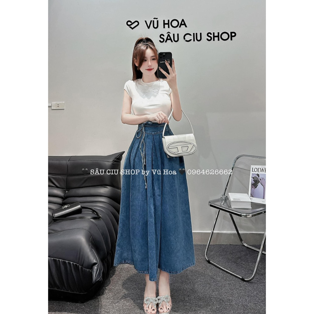 Set áo mix chân váy bò dáng dài, set bộ đi chơi váy dáng dài, set bộ jean