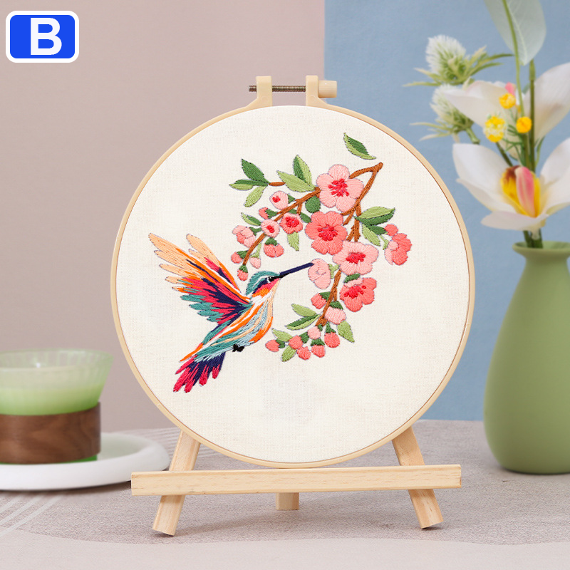 Cute Hummingbird Embroidery DIY Kit for Beginners Adults Complete Handmade Stitch Craft Set with 20cm Bamboo Style Embroidery Hoop Including Pattern Thread Fabric Needle Tool