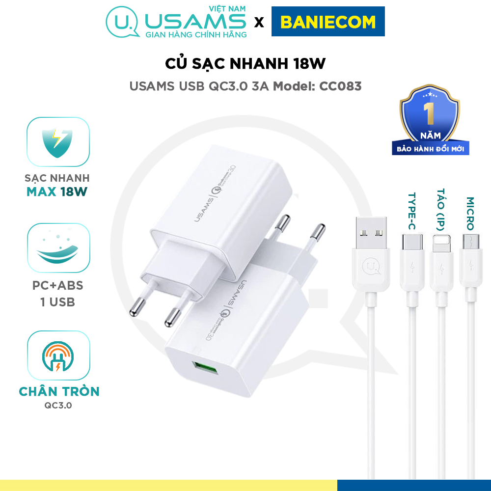 Combo Củ Sạc Nhanh USAMS CC083 18W (QC3.0, Kèm Cáp Micro USB/iP/Type-C) - USAMS VietNam CH