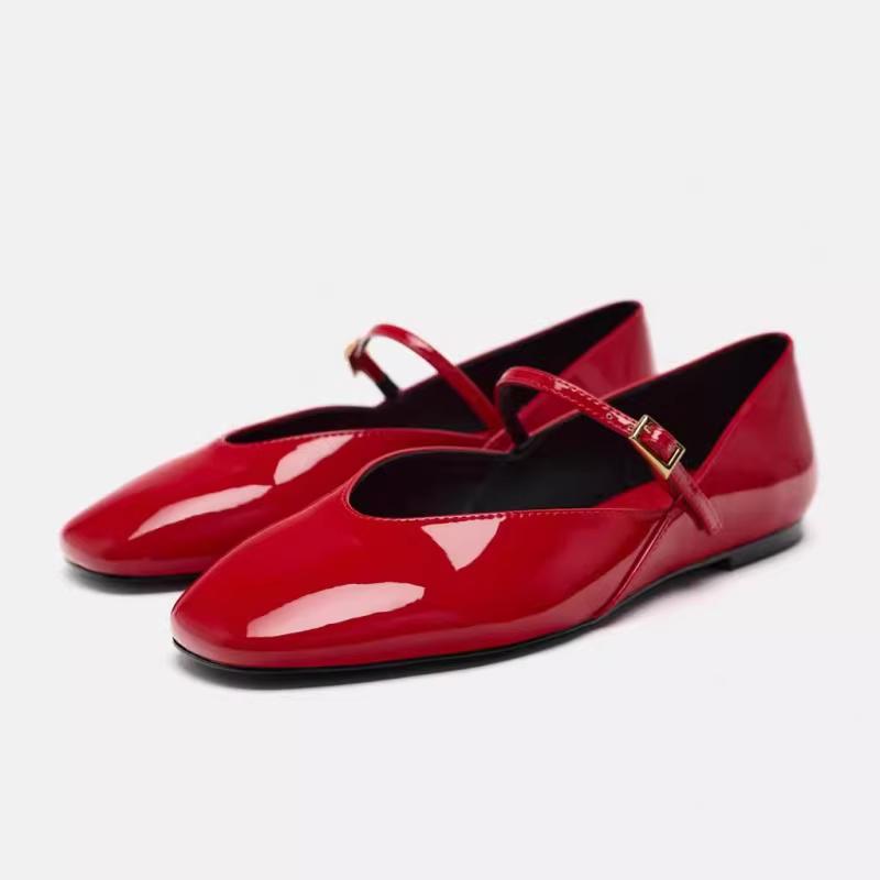 Authentic Spain ZARAˉ New Women's Shoes Low Mouth Flat Round Head With Red Patent Leather Mary Jane Shoes Ballet Shoes Small Leather Shoes NEW Korean style