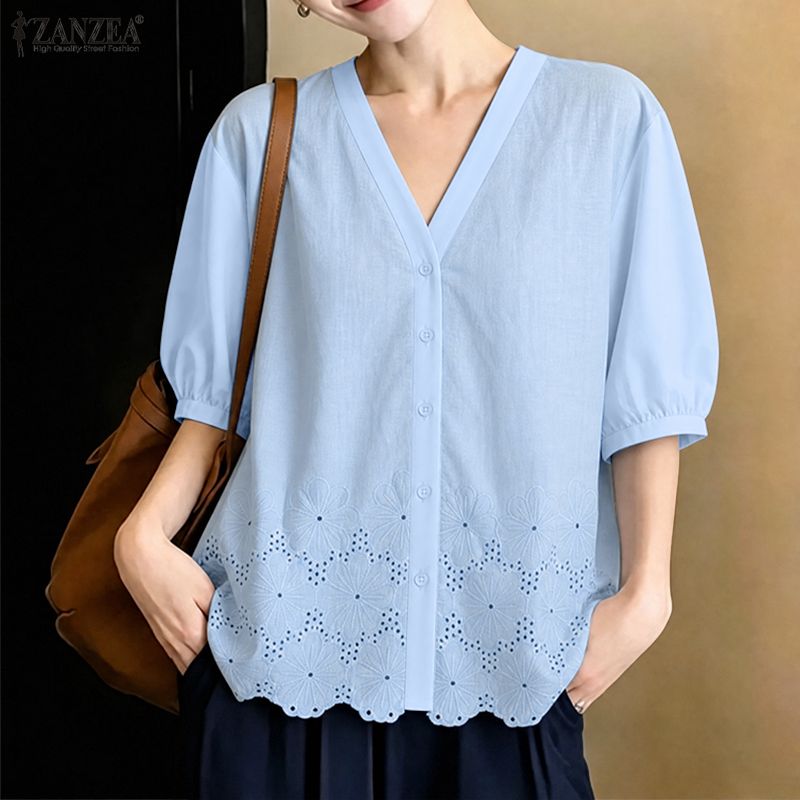 ZANZEA Korean Style Women Elegant Stylish Hollow Out Embroidery Shirt V-Neck Half Sleeve Plain Top #0817