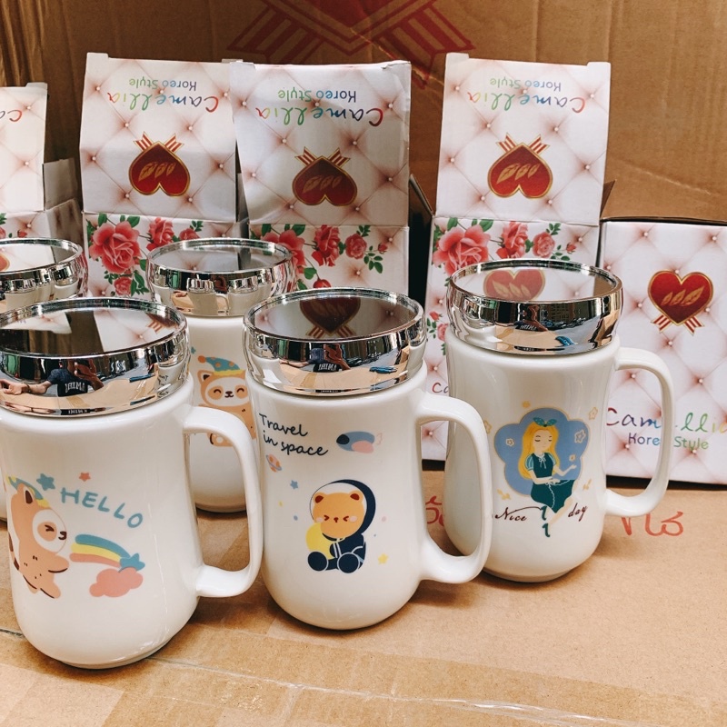 Ca sứ nắp gương cute , Cốc sứ nắp gương hoạ tiết dễ thương