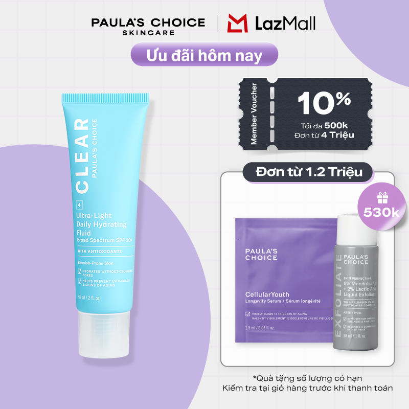 Kem chống nắng dạng sữa siêu nhẹ dành cho da mụn Paula’s Choice Clear Ultra Light Daily Fluid SPF 30 60 ml 6130