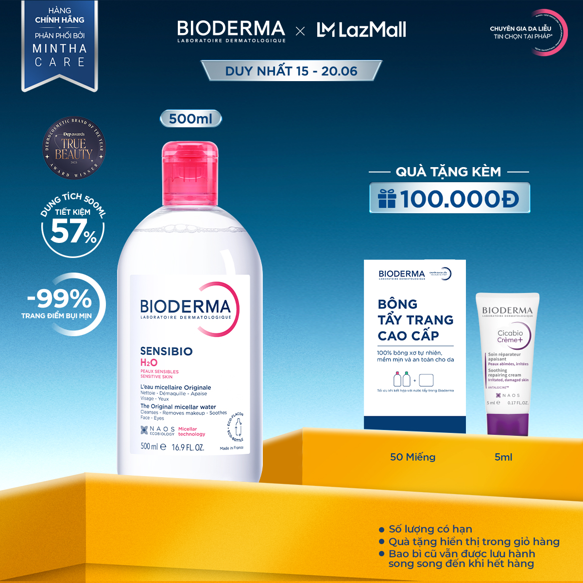 Dung dịch làm sạch và tẩy trang micellar cho da thường và da nhạy cảm Bioderma Sensibio H2O - 500ml
