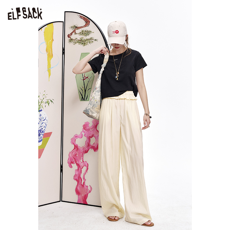 ELFSACK Spring New Arrivals Straight tube loose mushroom edge elastic waist casual pants ราคา 1,525 บาท*ส่งฟรี