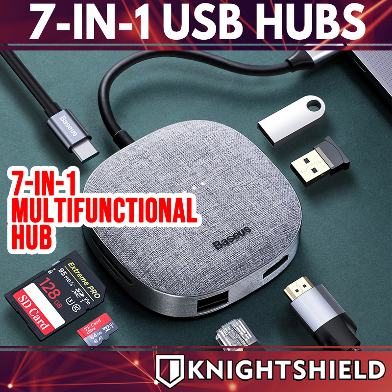 Knightshield Baseus 7-in-1 Premium Fabric Type C USB Hub Adapter HDMI Ethernet Port PD USB C charger USB C Hub Micro SD Card Reader USB Hubs Adaptor