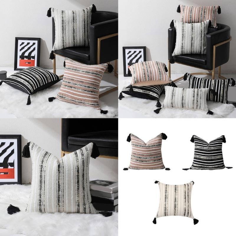 Thanh lịch chenilles Jacquard stripeds Vỏ gối tựa với Tua Tua cho giọng nhà sang trọng
