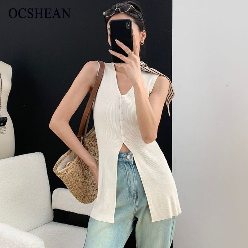 OCSHEAN เสื้อถักผ้าไหมไอซ์แขนกุดคอวีสไตล์ฝรั่งเศสสำหรับผู้หญิงเสื้อคาร์ดิแกนถักฤดูร้อนแบบยาวปานกลางเสื้อกั๊กบาง ราคา 147 บาท*ส่งฟรี