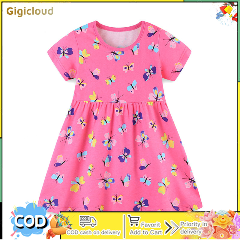 Girls Round Neck Dress Short Sleeve Cotton Cartoon Butterfly Pattern Dress Summer Basic Loose Clothes ราคา 204 บาท*ส่งฟรี