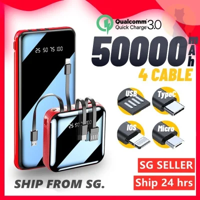 [✅SG Ready Stock] 50000mAh 4 Cables Full Capacity Mini Powerbank Dual USB Portable Fast Charging Digital Display Power Bank Slim Battery