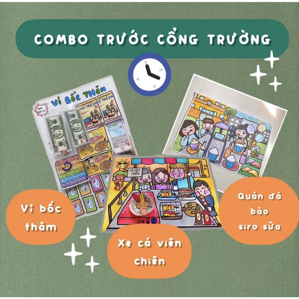 Combo 3 bộ tranh đồ chơi giấy cô tiên xanh trước cổng trường