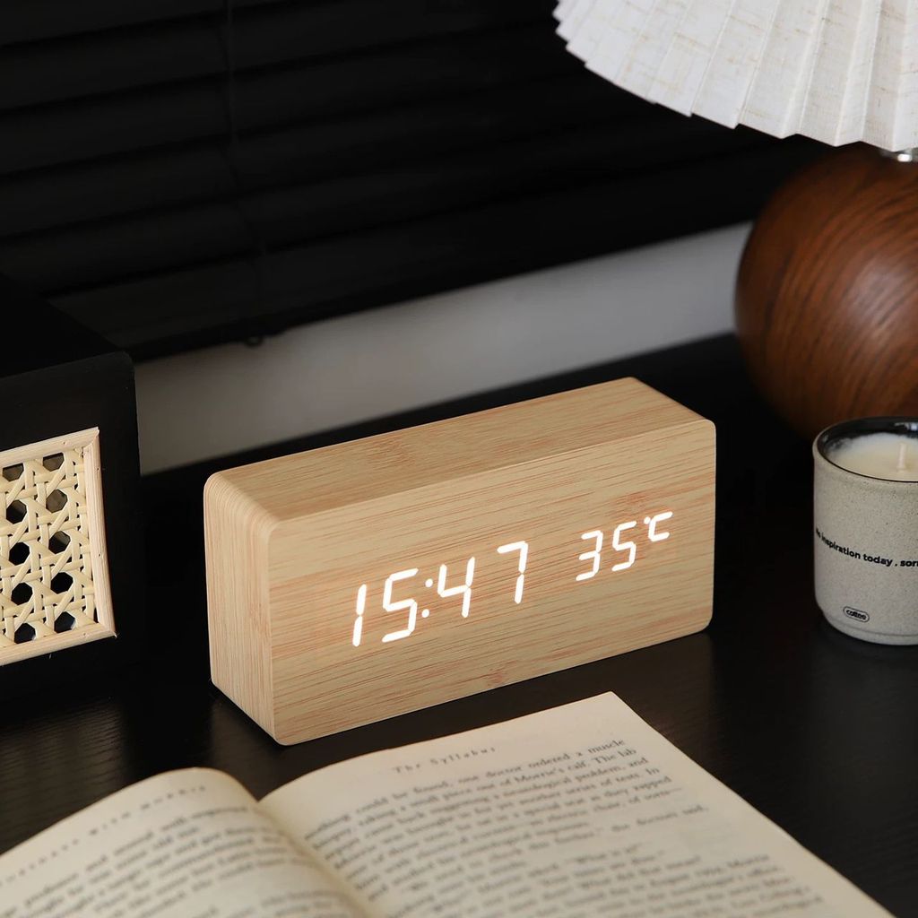 The Gift INS Digital Alarm Clock Desktop Wooden Clock Bedside Table Clock Sound Control Clock Jam Meja Penggera Digital