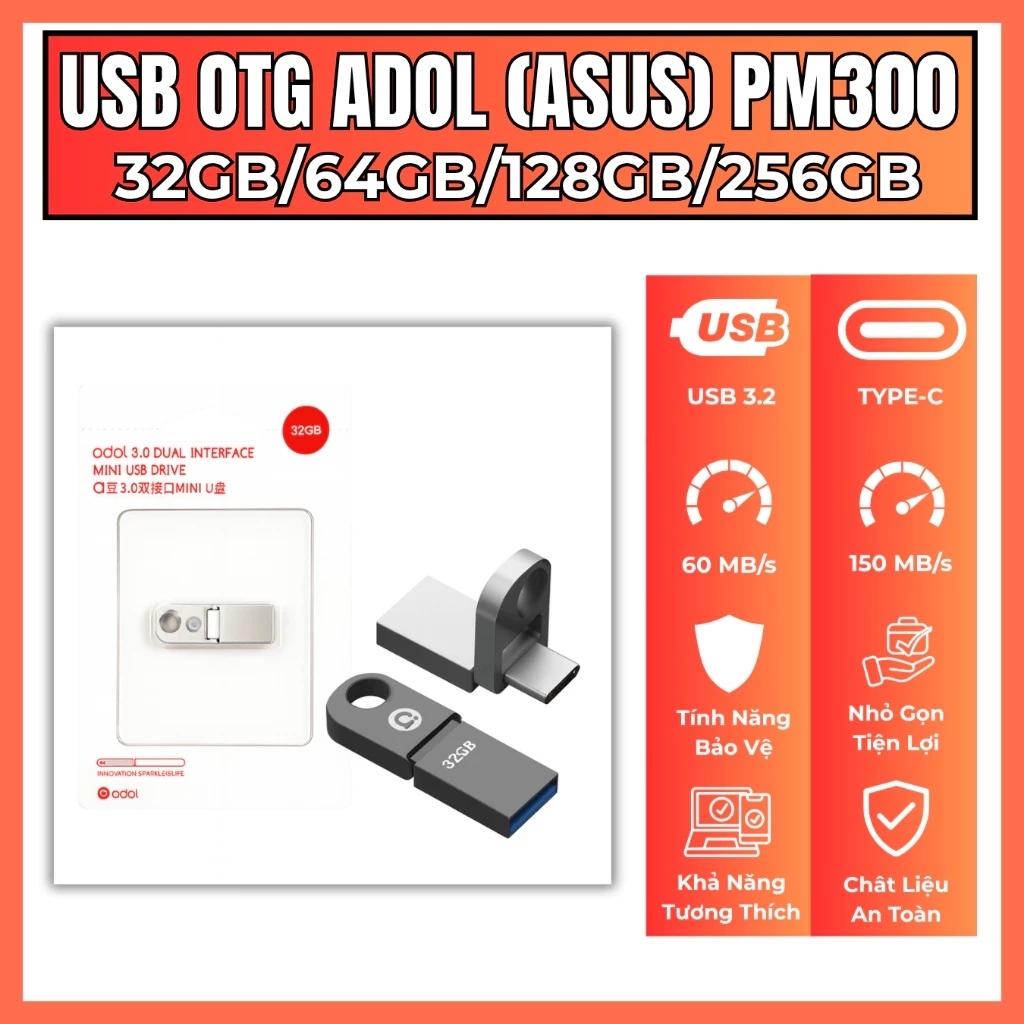 USB 3.0 2in1 ADOL PM300 Cổng USB+Type-c 32GB/ 64GB/ 128GB. LMS
